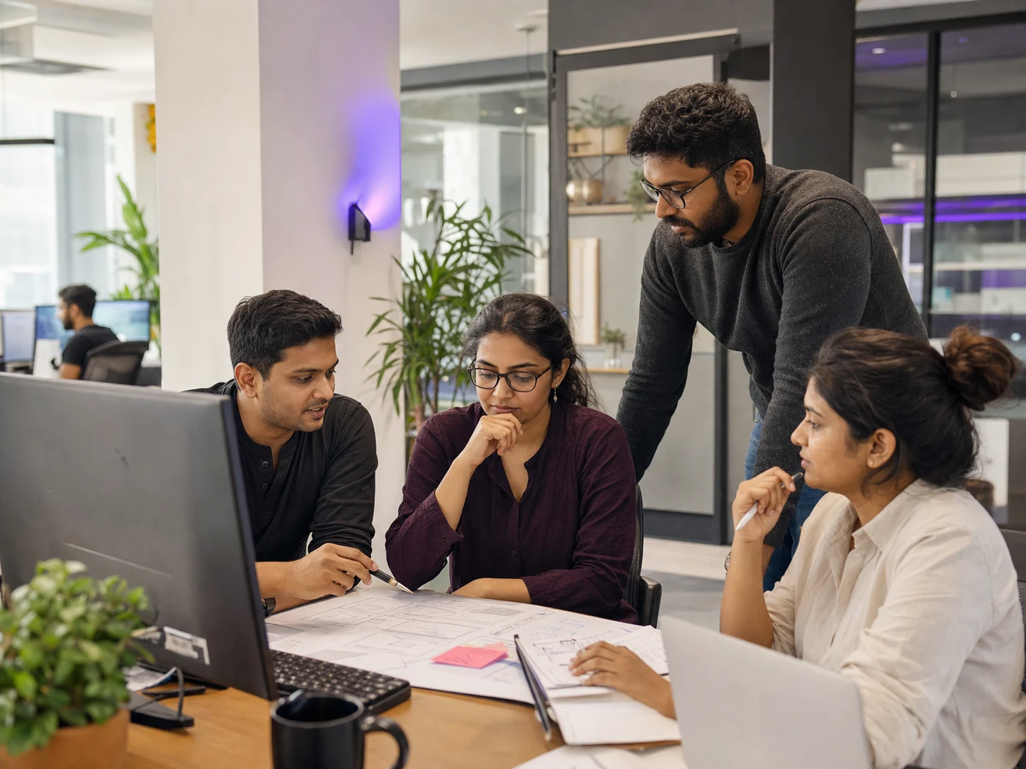 A product team collaborating around a workstation